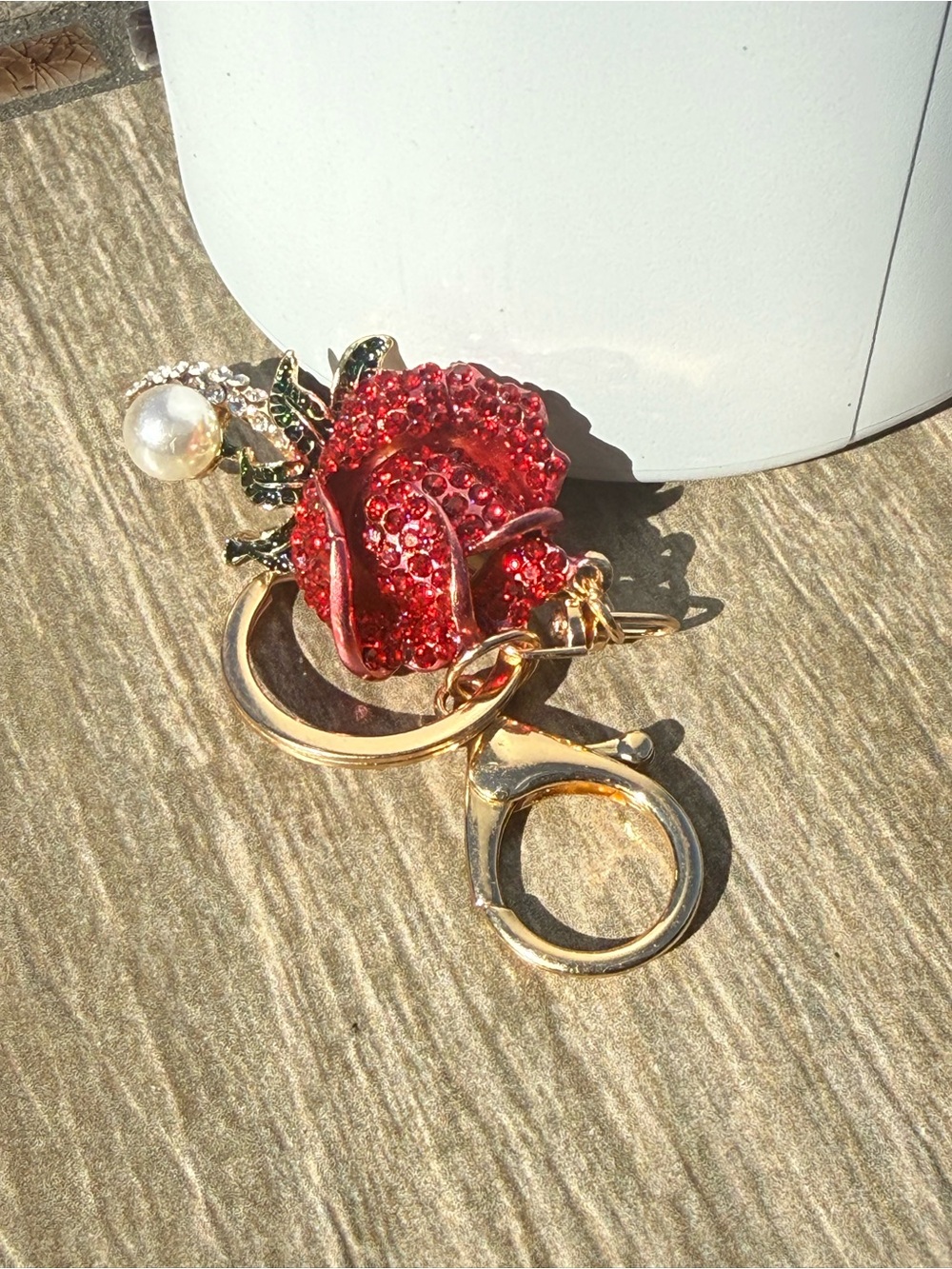 NWT Red Crystal Rose Keychain Charm with Pearl Accent - Women Jewelry
